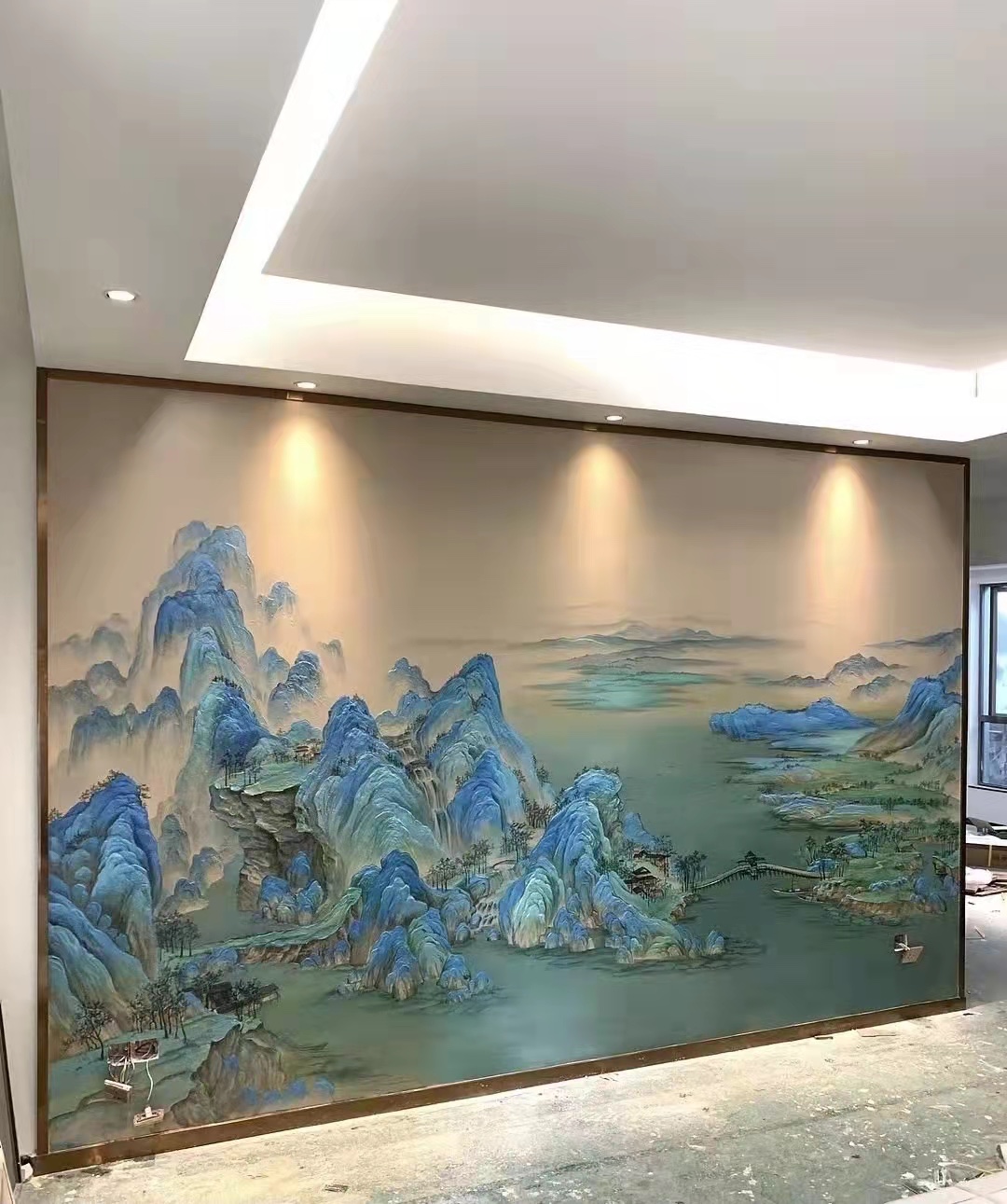 浮雕彩绘作品-立体墙绘-浮雕壁画-立体浮雕墙绘-立体山水画千里江山图杭州墙绘-杭州墙绘公司-杭州怡丽墙绘